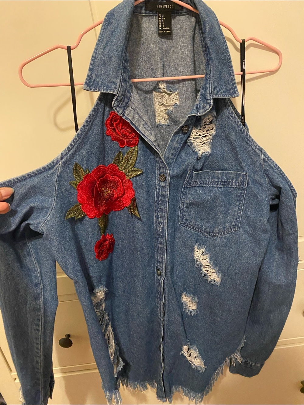 Forever 21 Cotton Denim Cold-Shoulder Button-Up with Red Rose Embroidery Sz S